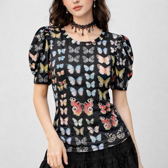 Magnolia Tops - Women Graphic Butterfly Print Top L Puff Sleeve Stretch Y2K Fairy Whimsical Goth